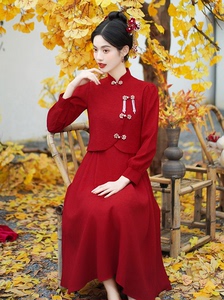 红色旗袍中式女装中国风敬酒服冬季新中式上衣回门套装秀禾服婚服