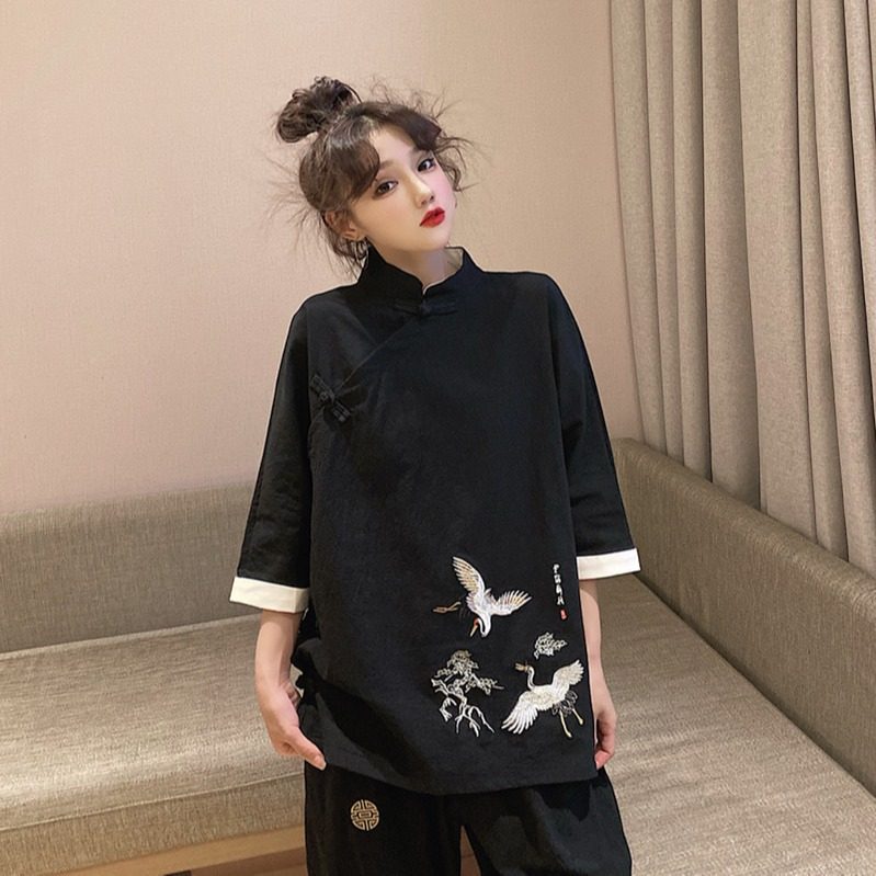 女款女套装两件套中国风改良盘扣禅服新中式