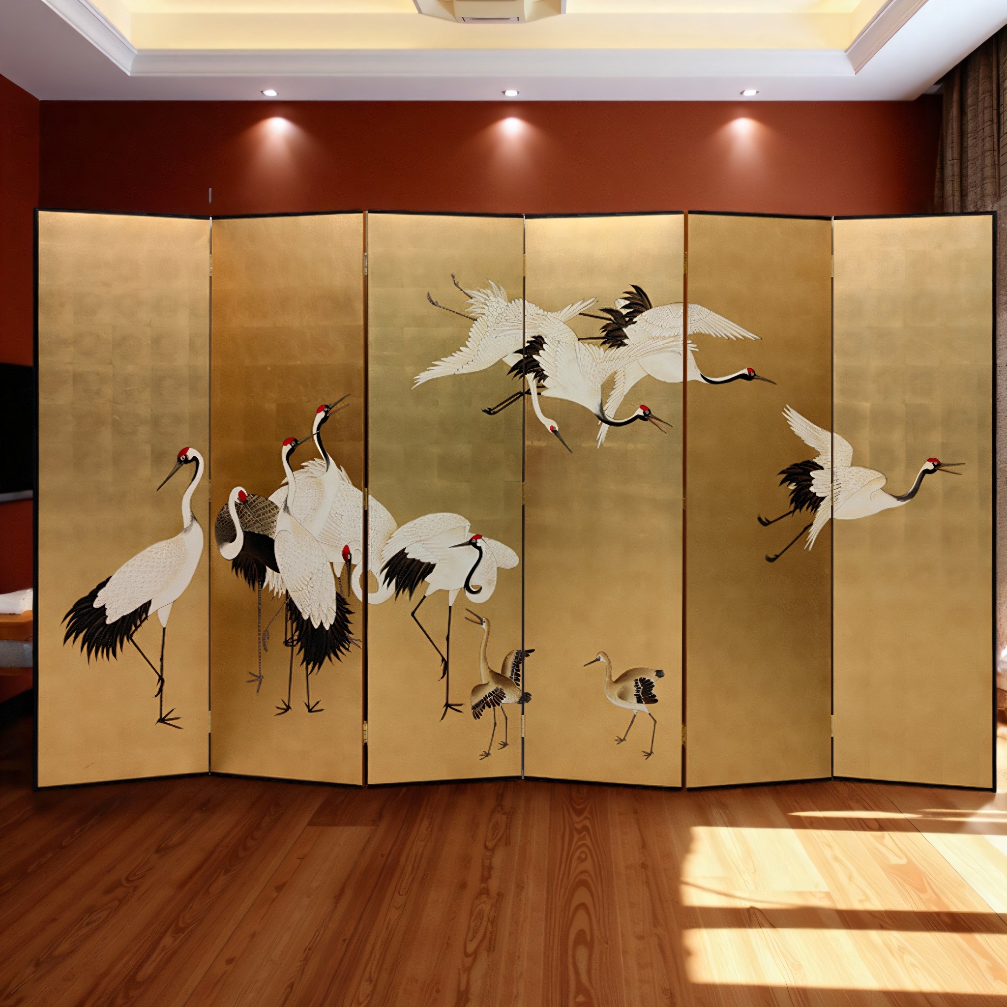 中式鹤归来折叠移动实木中古定制屏风金箔手绘漆画客厅隔断背景墙