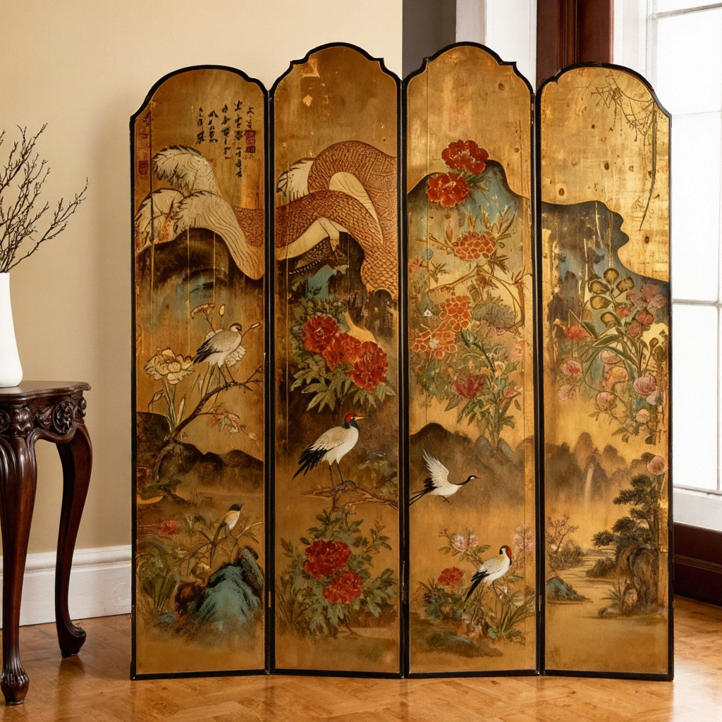 新中式花鸟画折屏四扇折叠屏风客厅卧室装饰隔断法式中古屏风