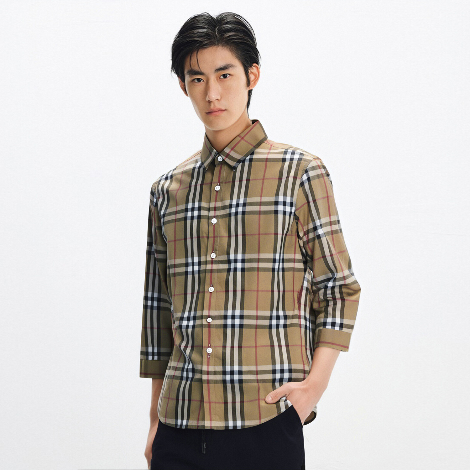 YPUT男装夏青年七分袖卡其格桑蚕丝衬衫YHG223012C