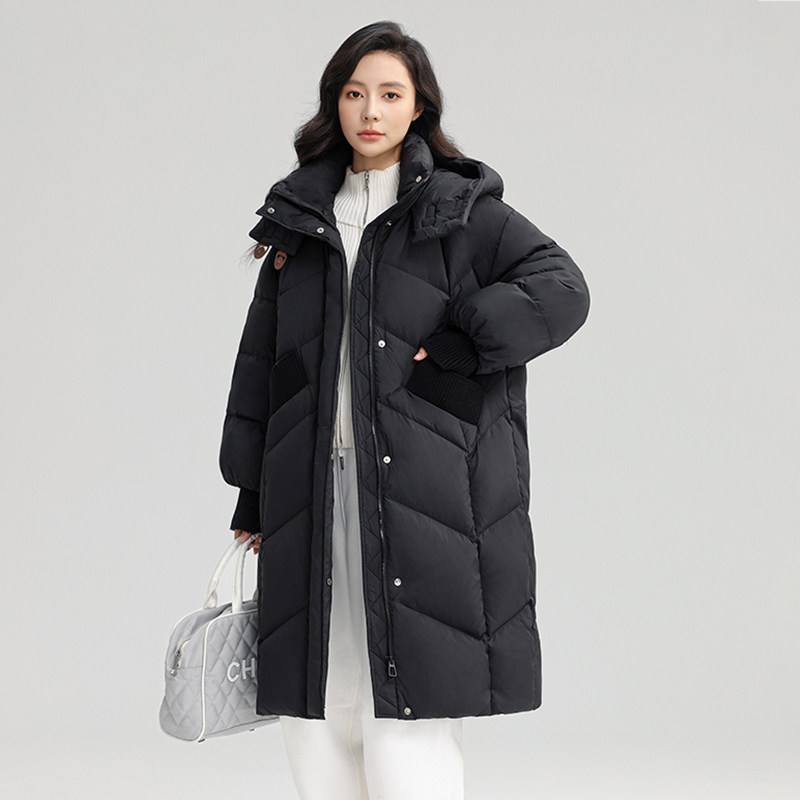 羽绒服女士休闲潮流韩版长款纯色高端鸭绒外套YHG411252G
