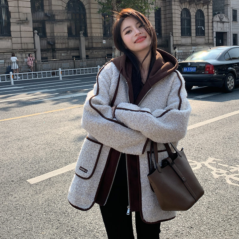 羽绒服女=中长款羊羔毛假两件时尚韩版连帽外套YHG411524G