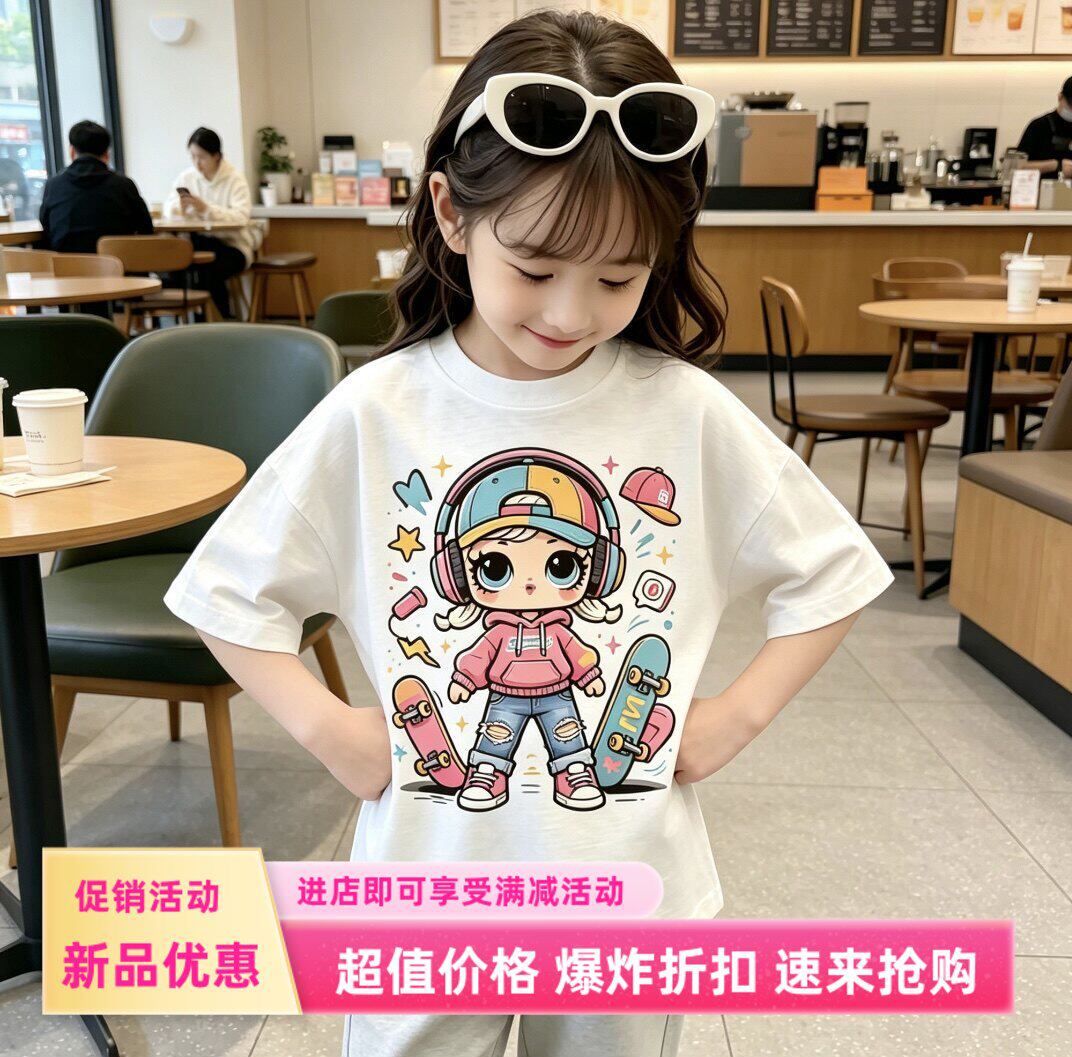 纯棉短袖男女童休闲上衣T恤圆领透气印花宽松韩版卡通中大童春夏
