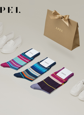 APEL3双礼盒装丝光匹马棉条纹情侣袜子节日礼物男中筒袜女潮棉袜