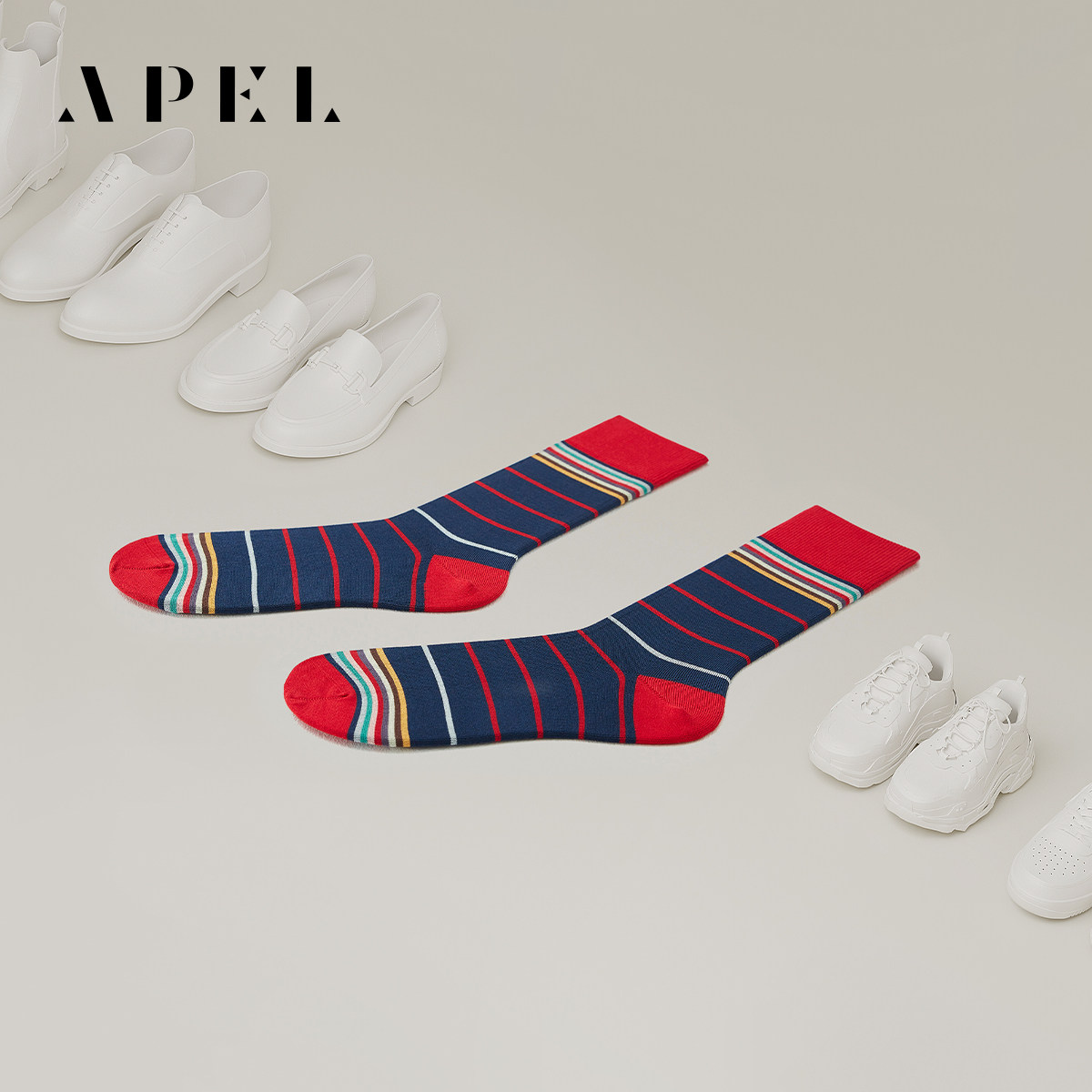 APEL丝光匹马棉条纹情侣袜子男中筒袜透气女百搭高端潮新年红棉袜