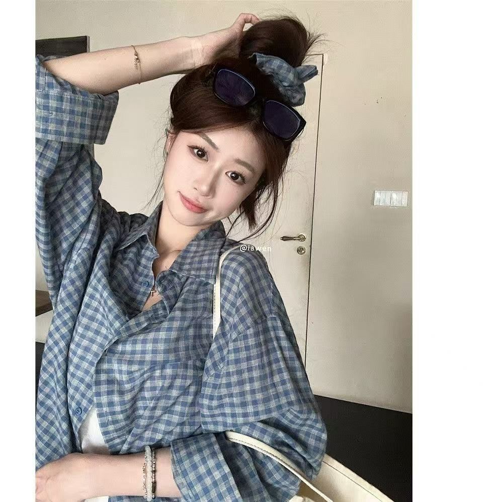 蓝色格子衬衫外套女春季韩系慵懒风宽松时尚百搭洋气纯棉长袖上衣