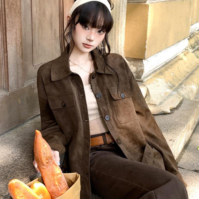 女装#棕咖鹿皮绒短款外套女秋冬新款复古高级感机车夹克上衣