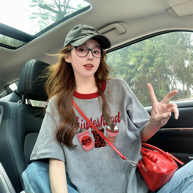 纯棉潮酷趣味涂鸦中长款T恤女高级感撞色拼接大版宽松遮屁股上衣