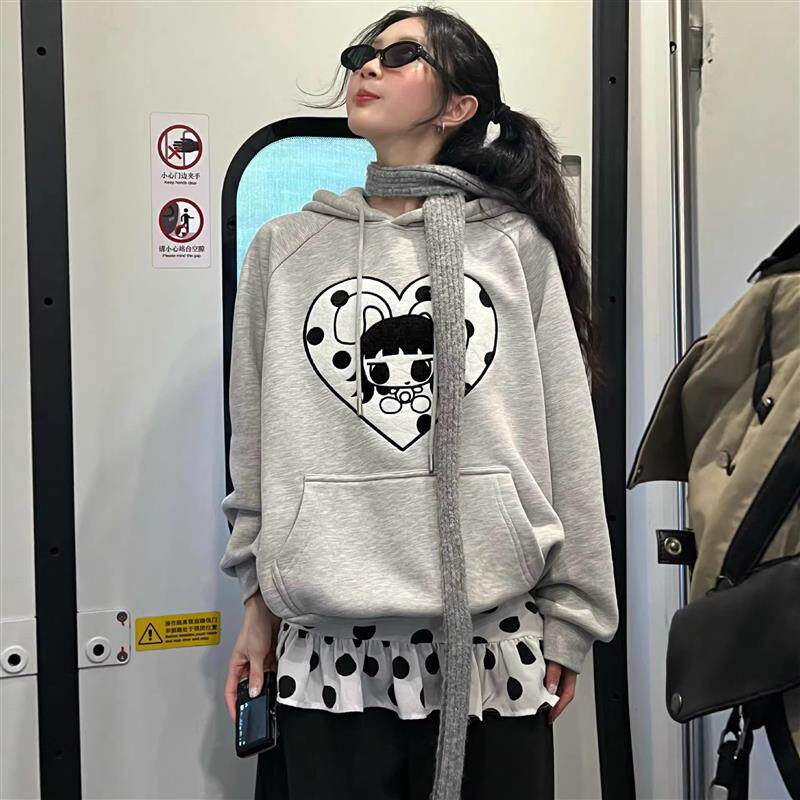 韩系复古卡通贴布刺绣连帽卫衣女冬季加绒高级感宽松百搭情侣外套