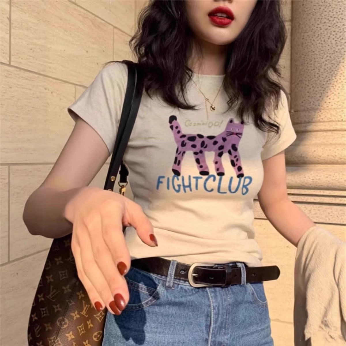 美式正肩短袖T恤女夏季新款卡通印花修身短款小个子辣妹体恤上衣