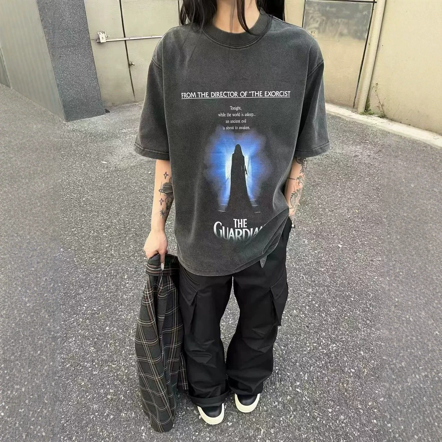 欧美潮牌重磅嘻哈暗黑抽象幻影水洗做旧复古纯棉短袖宽松t恤酷飒