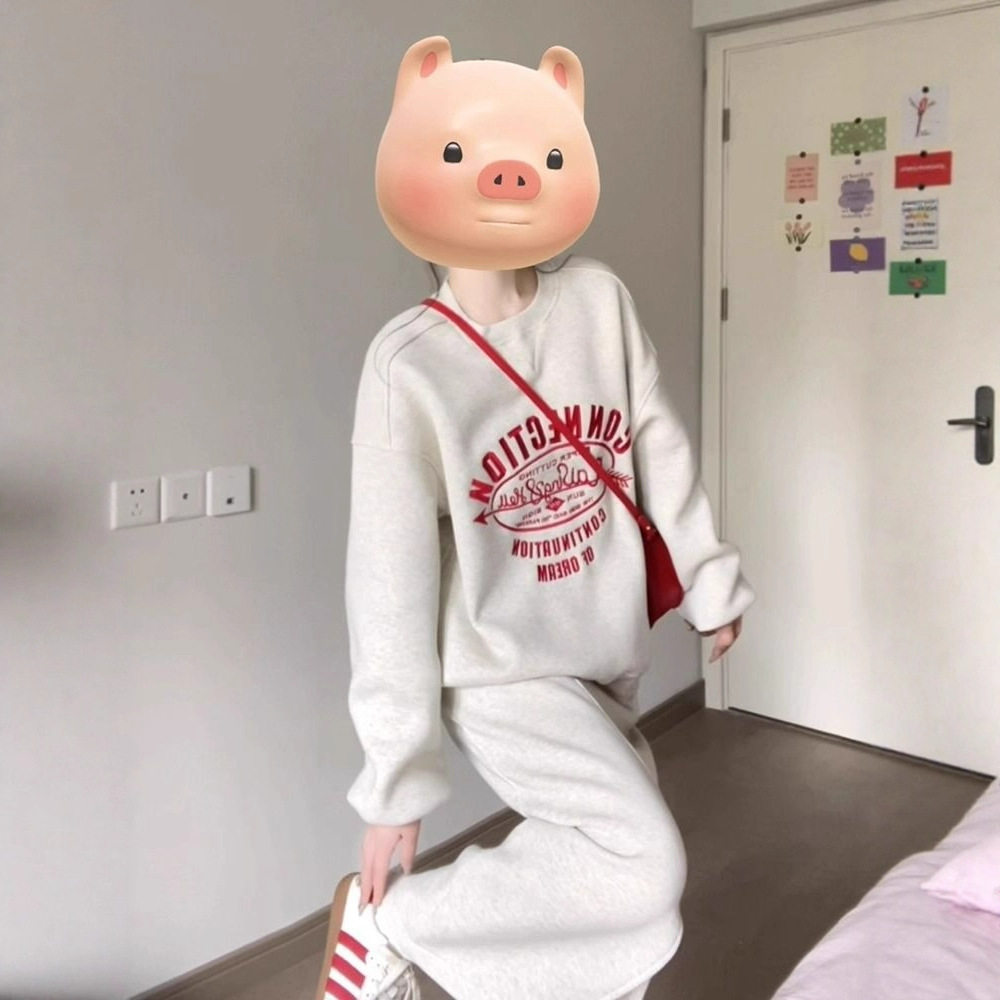 韩系慵懒风休闲运动服套装女春秋宽松减龄卫衣半身裙小个子两件套