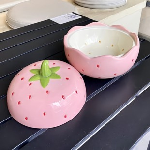 泡面碗带盖草莓泡面碗可爱高颜值陶瓷碗一人食带盖耐高温家用螺蛳