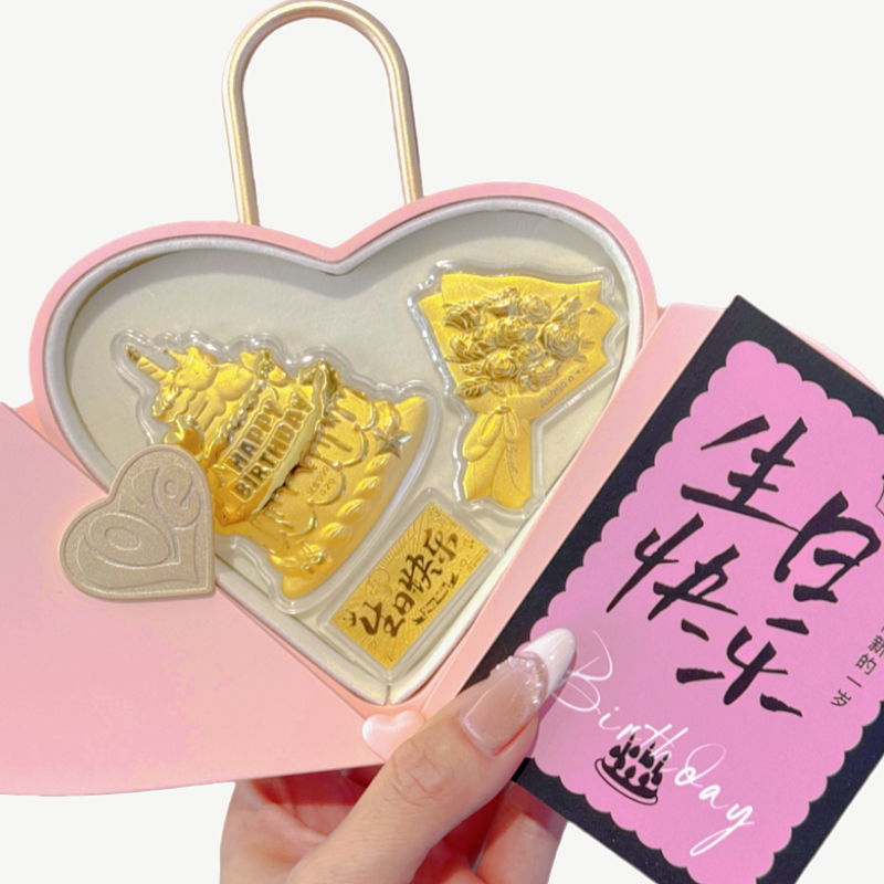 水贝黄金小熊蛋糕足金玫瑰花束生日快乐金片生日礼物新婚伴手礼盒