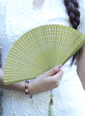 全竹扇子蜻蜓草绿色中国风女士折扇随身全竹古风扇舞蹈小扇子迷你