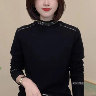 半高领德绒打底衫秋冬女款春装长袖时尚洋气时髦烫钻遮肚T恤小衫