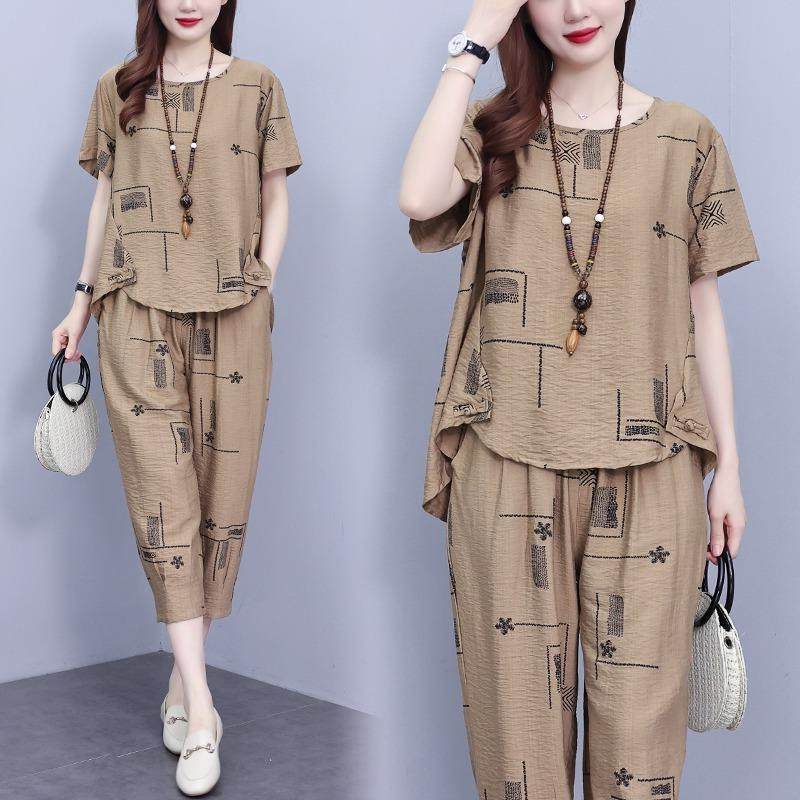 2025夏季新款妈妈装印花棉麻休闲套装宽松显瘦遮肉上衣裤子两件套,女装/女士精品,大码套装,淘宝优惠券,粉丝福利购,淘宝优惠卷