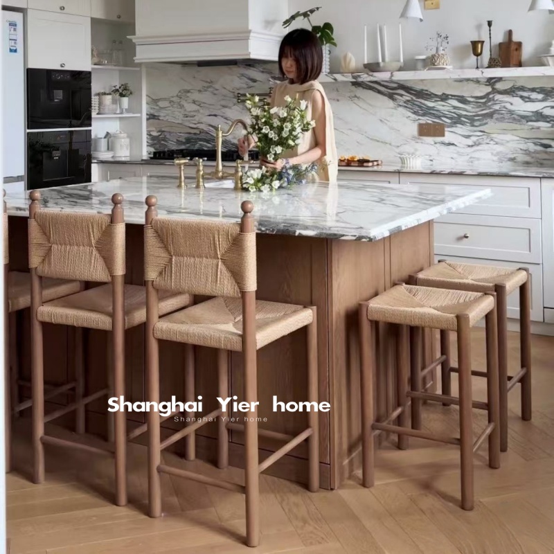 北欧中古设计实木吧台椅绳编书桌椅简约侘寂风藤椅民宿咖啡厅椅子