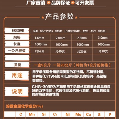 上海CHG309R不锈钢氩弧焊丝H10Cr24Ni13焊丝ER309R异种钢焊接直条