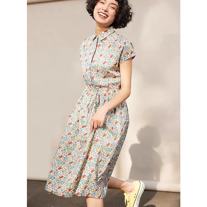 全棉中长款连衣裙里布收腰显瘦/纯棉短袖翻领印花上衣女polo