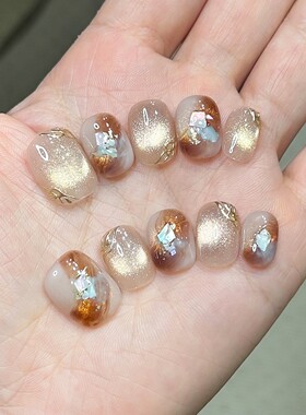 纯手工美拉德棕调猫眼通勤穿戴甲