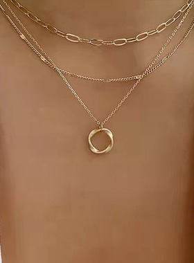 Women Necklace欧美粗链条夸张颈链圆圈吊坠时尚合金项链嘻哈个性