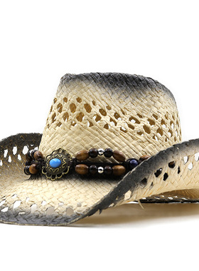 草帽western cowboy hat 简约镂空手工编织草帽男女款夏季遮阳帽