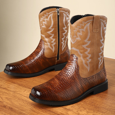新款西部牛仔靴透气圆头靴Western Boots Men Brown Cowboy Boots
