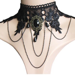 ladies欧美朋克宽颈饰黑色蕾丝项链 宴会礼服夸张 necklace women