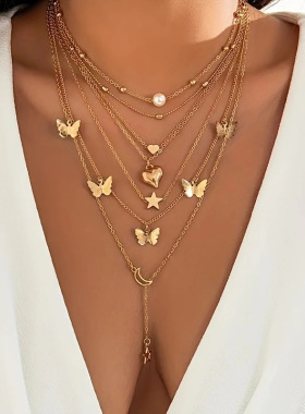 women necklace ladies饰品 创意复古多层蝴蝶流苏吊坠项链 小众