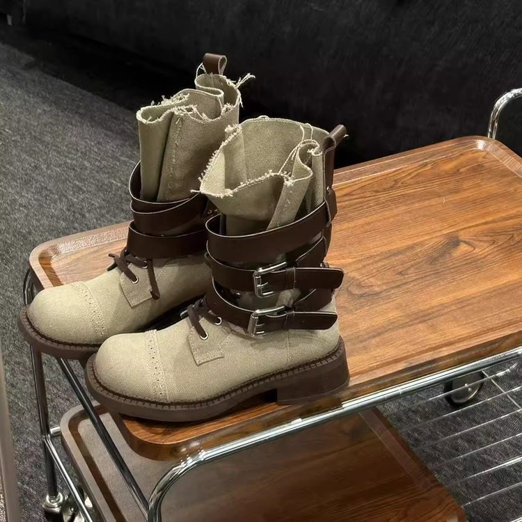 Western Cowboy Boots for Women内增高版皮带扣小众辣妹短筒