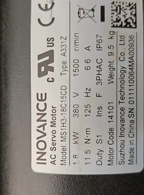 议价汇川INOVANCE伺服电机MS1H3-18C15CD Ty