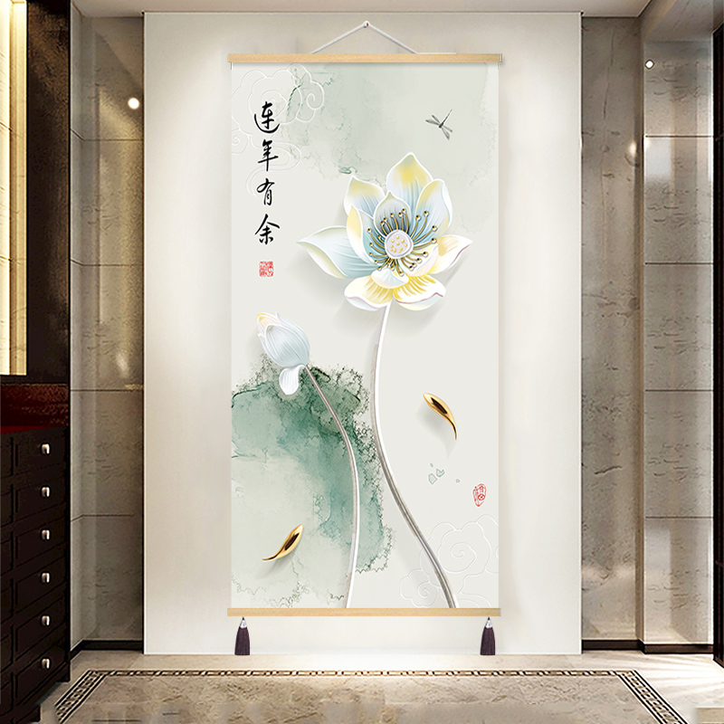 新中式荷花莲艺术装饰画客厅玄关电箱墙壁画布艺挂画背景墙免打孔图片