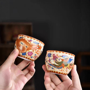 陶瓷珐琅茶杯龙凤呈祥主人对杯家用小茶碗情侣功夫品茗杯礼盒套装