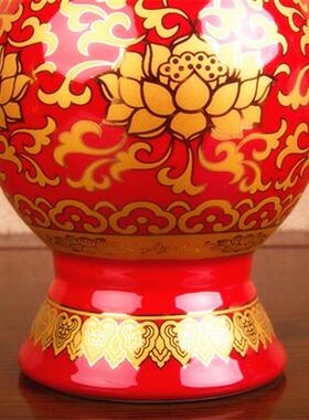 唐彩陶瓷花瓶无字真金红色莲花瓶供佛佛堂用品描金观音净水瓶包邮