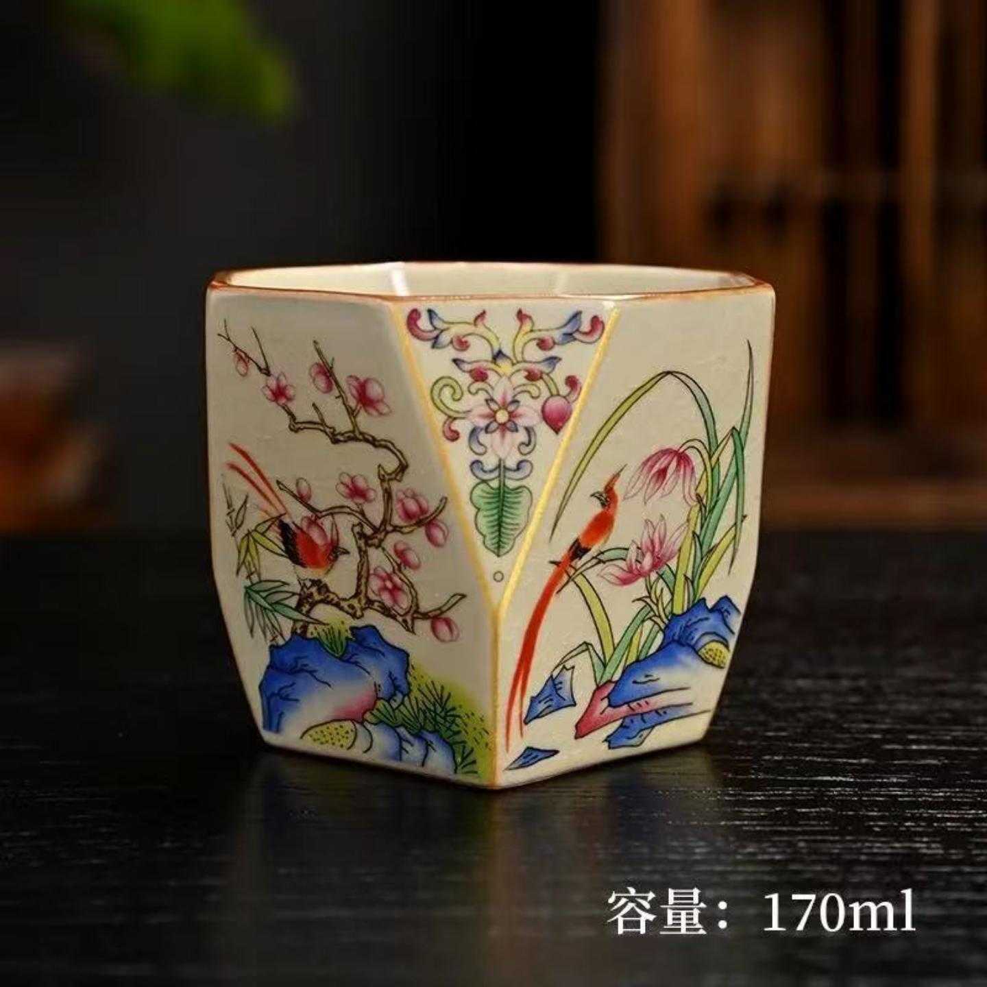 汝窑茶杯缠枝莲吉祥八方杯复古大公鸡茶盏主人杯单杯陶瓷杯可