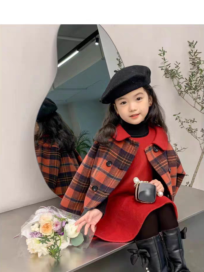 蓬蓬韩系秋冬女童加棉羊毛呢大衣儿童呢子外套中大童中长格子套装