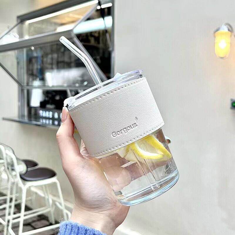 인터넷 연예인 대나무 컵 크리 에이 티브 투명 유리 밀짚 컵 휴대용 뚜껑 풍수 컵 우유 커피 컵