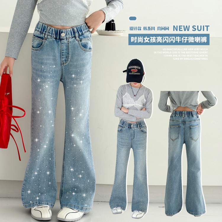 女童牛仔喇叭裤春秋款2026新款洋气儿童烫钻裤子中大童装春季长裤