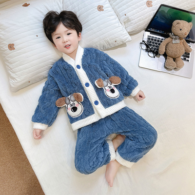 全棉纯棉男童珊瑚绒睡衣秋冬款加厚男孩宝宝冬季保暖套装儿童法兰