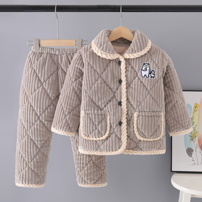 全棉纯棉冬季儿童珊瑚绒睡衣男童宝宝加厚款夹棉家居服女童男孩法