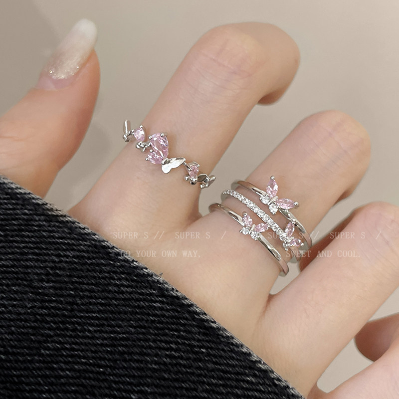 超仙粉色蝴蝶戒指2024新款食指戒