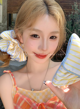 韩系慵懒风黄色条纹大肠发圈女高级感气质头绳低马尾头花发绳发饰
