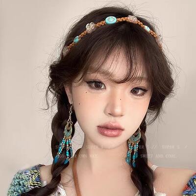 民族风复古羽毛流苏耳环女新中式长款高级感耳钉波西米亚海边耳饰