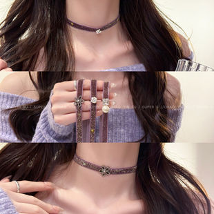 紫色丝绒锆石珍珠花朵choker颈带项链女小众设计感气质颈链配饰品