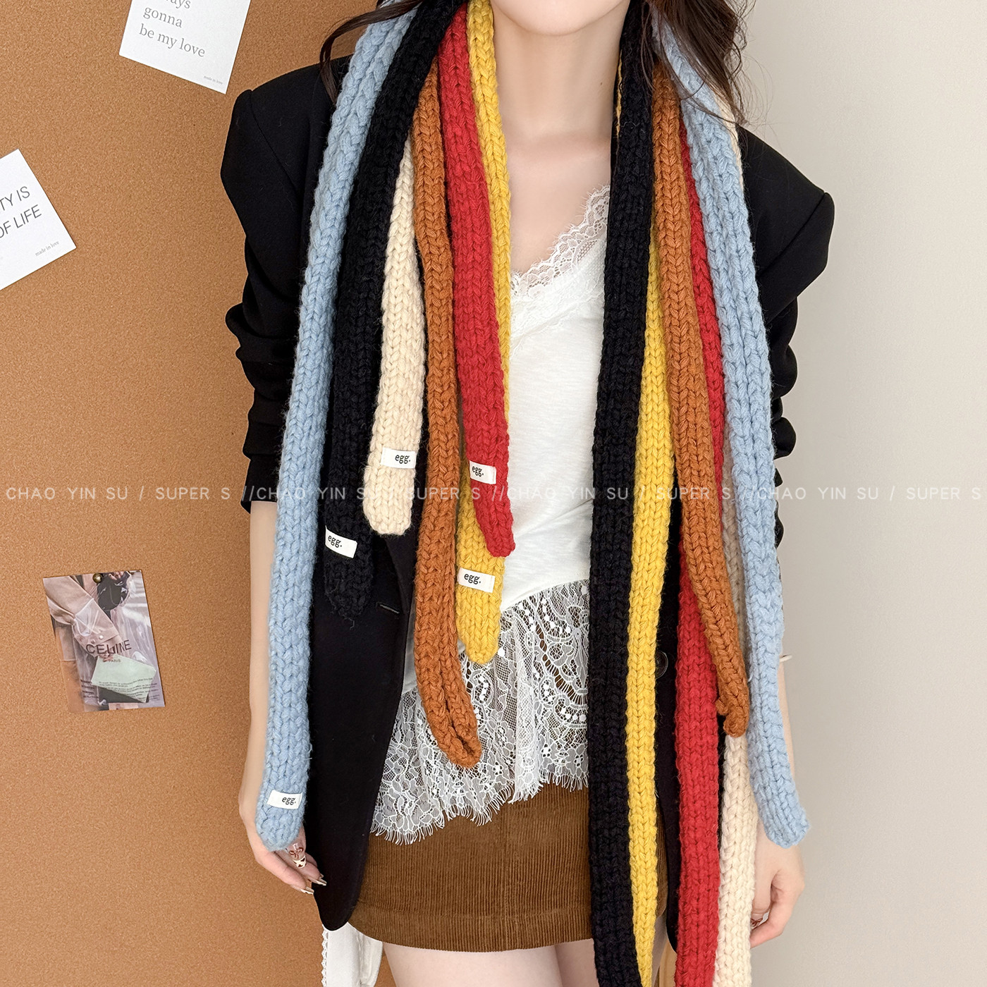 黄色细窄长条小法棍围巾