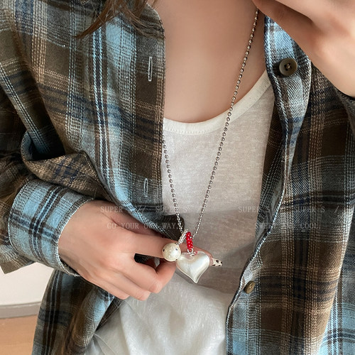 银色波点爱心珍珠项链长款毛衣链