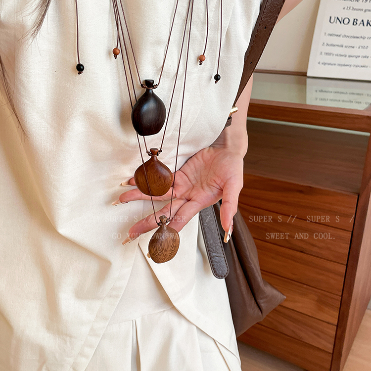 复古木质葫芦酒壶吊坠长款项链