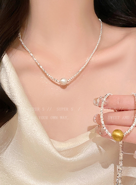 碎银子拉丝珍珠项链女夏轻奢小众